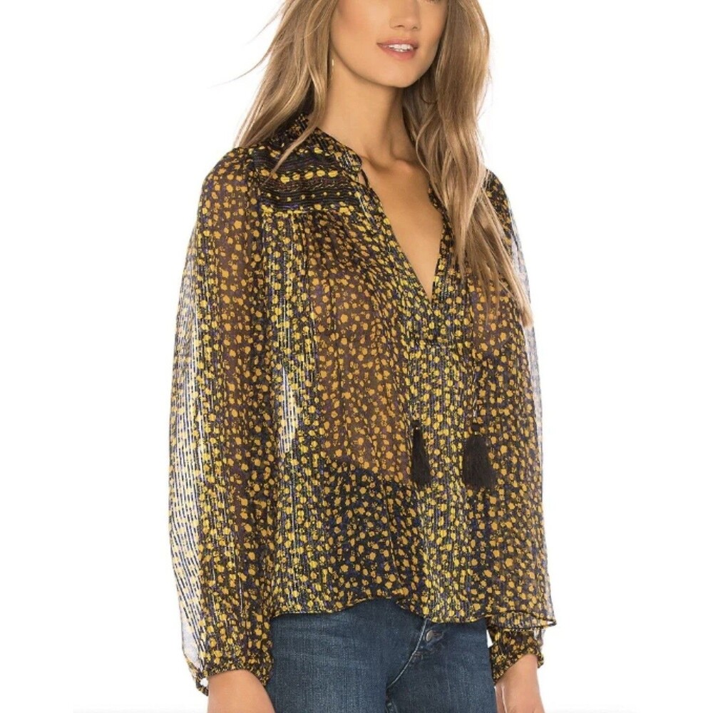ULLA JOHNSON Constance Top SZ 6 noir yellow floral Tassel Tie Silk Boho Blouse